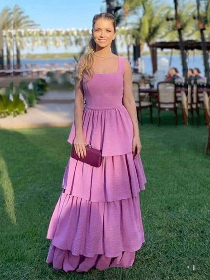 Elegant Spaghetti Straps Prom Dress Purple Tiered A-Line Evening Dress GG8039
