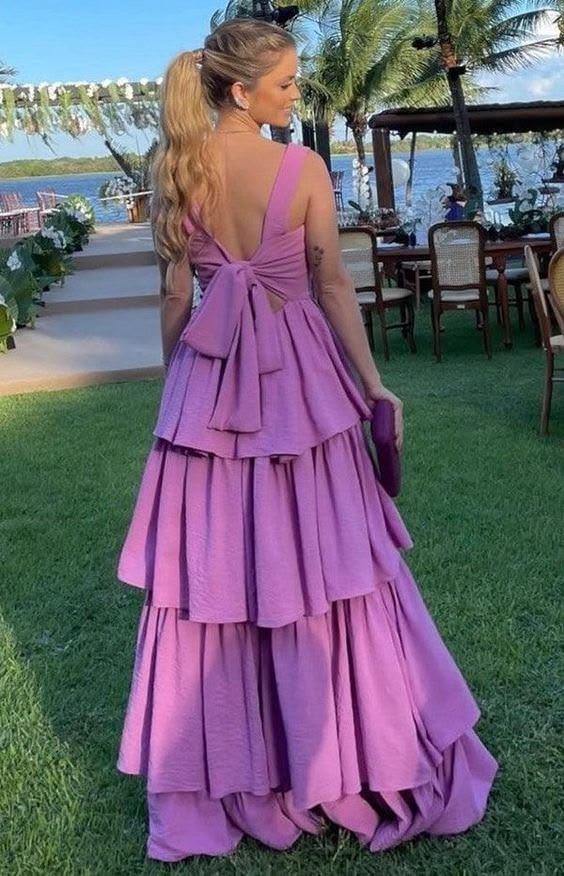 Elegant Spaghetti Straps Prom Dress Purple Tiered A-Line Evening Dress GG8039