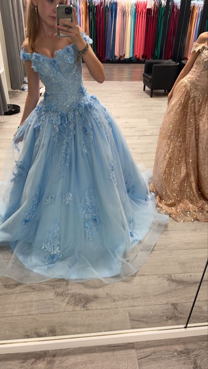 Dreamy Off The Shoulder Prom Dress Blue Sequins Appliques A-Line Evening Dress GG8040