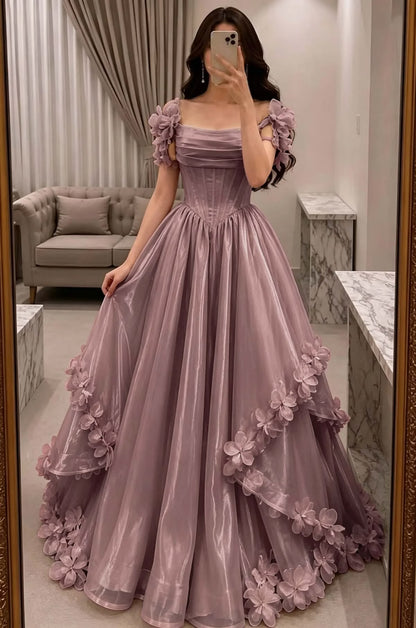 Romantic Off The Shoulder Prom Dress Purple Appliques A-Line Evening Dress GG8042