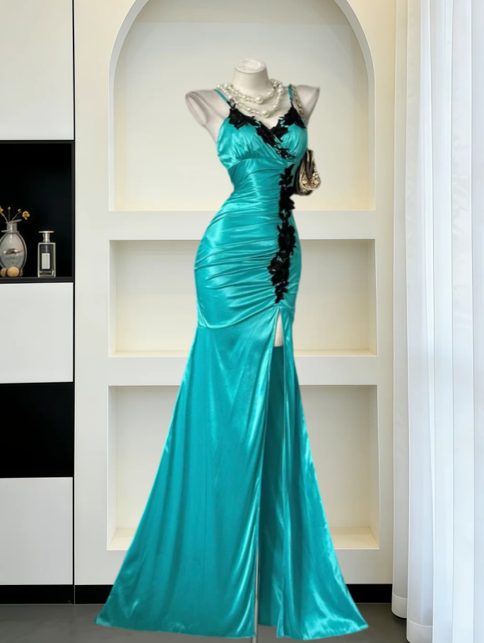 Vintage Spaghetti Straps Slit Prom Dress Teal Appliques Satin Mermaid Evening Dress GG8043