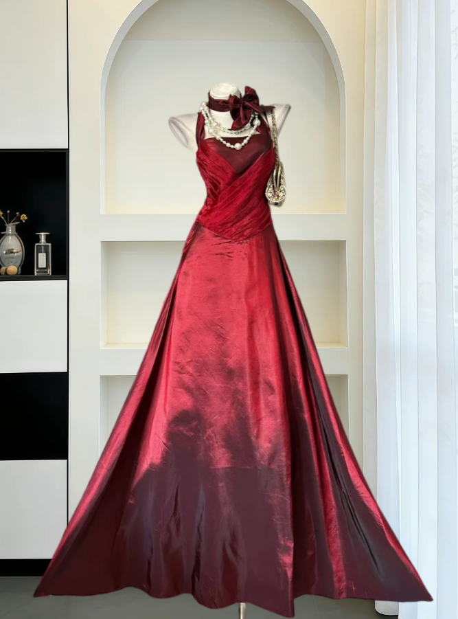 Romantic Halter Neck Prom Dress Red Satin A-Line Evening Dress GG8045