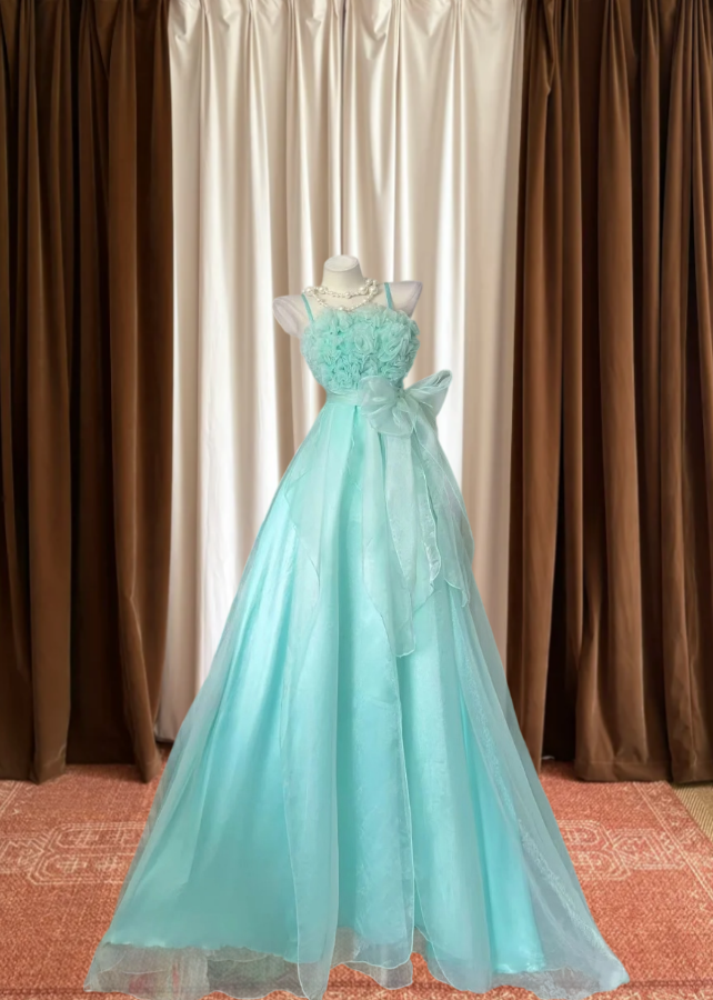 Sweet Spaghetti Straps Prom Dress Green Appliques Bow A-Line Evening Dress GG8047