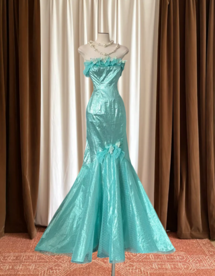 Chic Strapless Mint Green Prom Dress Appliques Mermaid Evening Dress GG8048
