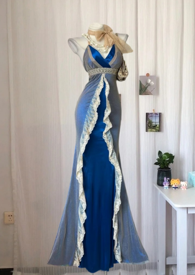 Glam Spaghetti Straps Prom Dress Blue Satin Lace Mermaid Evening Dress GG8049