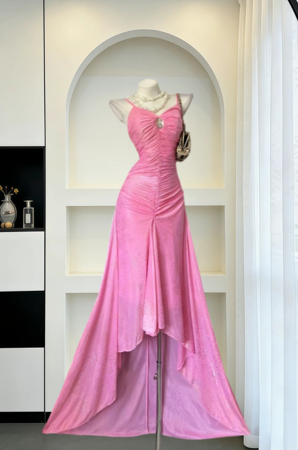 Romantic Spaghetti Straps Prom Dress Pink Sequins Mermaid Evening Dress GG8050