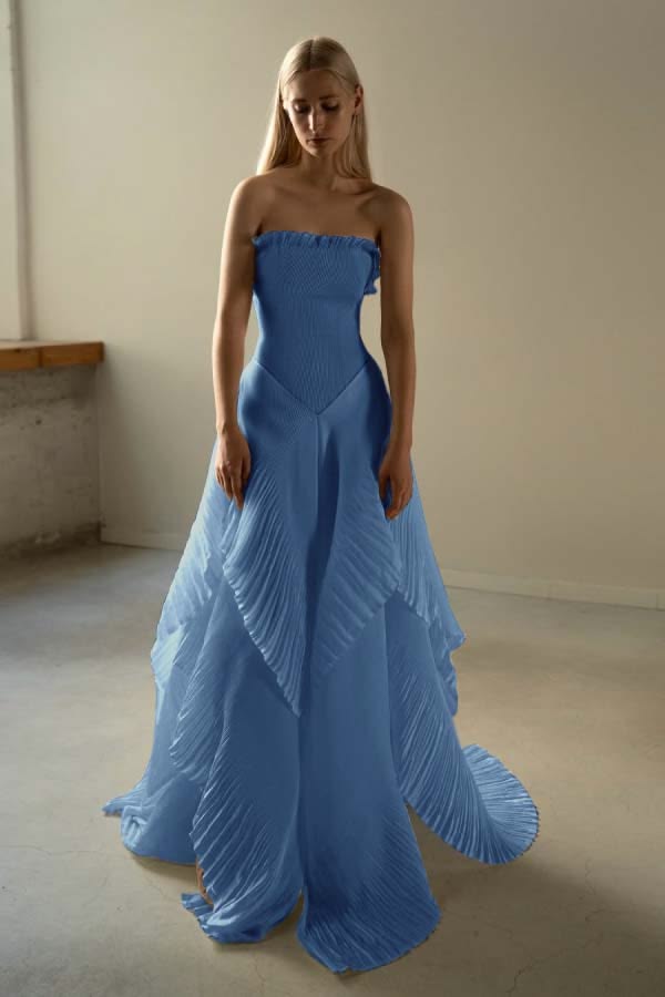Trendy Strapless Blue Prom Dress Ruffles A-Line Evening Dress GG8051
