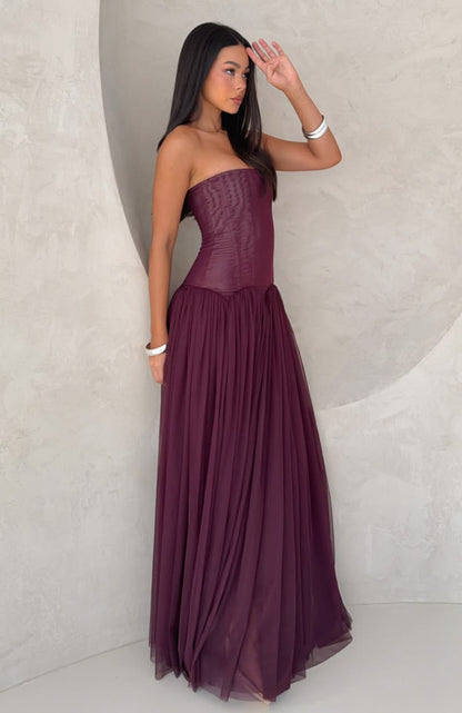 Classical Strapless Prom Dress Dark Purple Chiffon A-Line Evening Dress GG8052