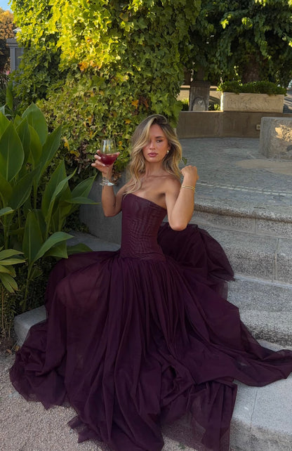 Classical Strapless Prom Dress Dark Purple Chiffon A-Line Evening Dress GG8052