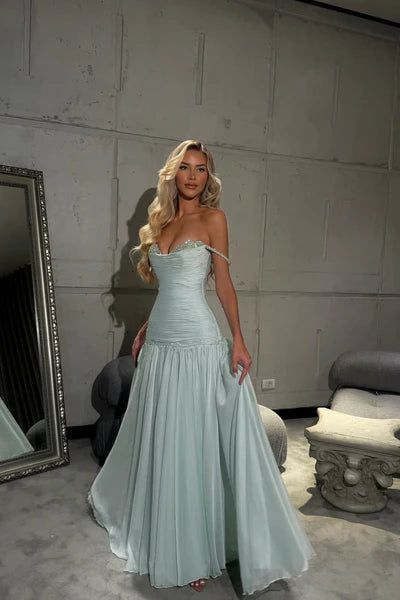 Attractive Off The Shoulder Prom Dress Mint Green Sequins A-Line Evening Dress GG8055
