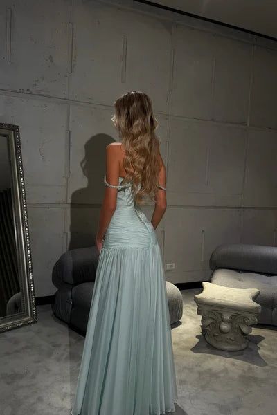 Attractive Off The Shoulder Prom Dress Mint Green Sequins A-Line Evening Dress GG8055