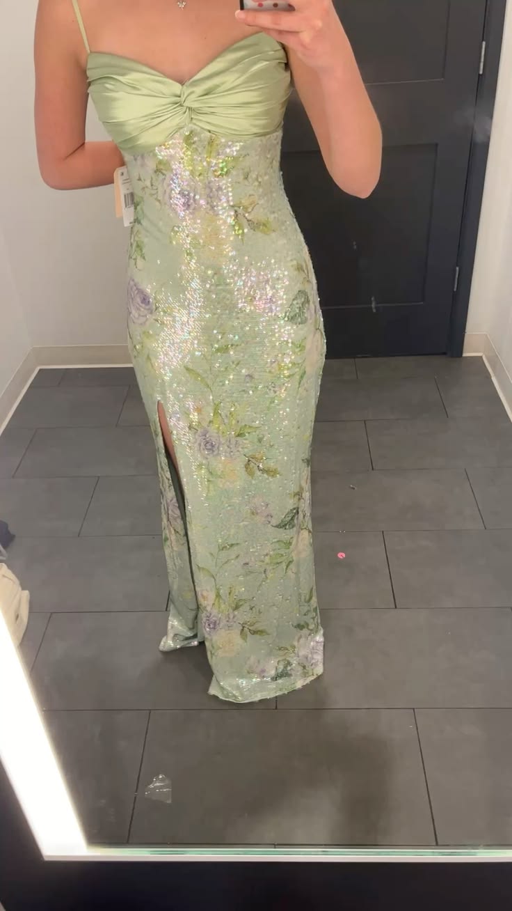 Classy Spaghetti Straps Slit Prom Dress Green Floral Sequins Mermaid Evening Dress GG8058