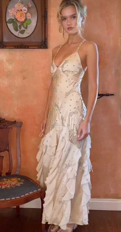 Lovely Halter Neck Ruffles Prom Dress Ivory Beaded Satin Mermaid Evening Dress GG8059