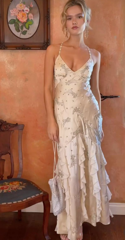 Lovely Halter Neck Ruffles Prom Dress Ivory Beaded Satin Mermaid Evening Dress GG8059