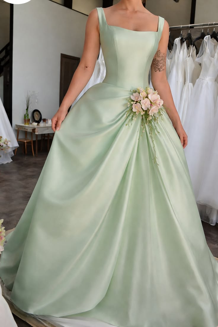 Graceful Spaghetti Straps Prom Dress Green Satin Flowers A-Line Evening Dress GG8064