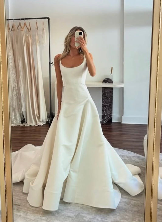 Chic Spaghetti Straps Wedding Dress Satin A-Line Bridal Dress GG8067
