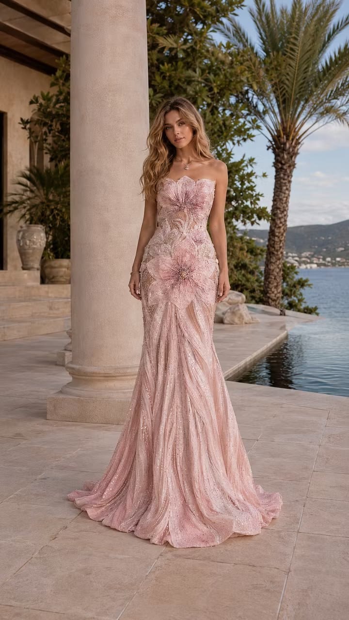 Dreamy Strapless Pink Prom Dress Sequins Floral Mermaid Evening Dress GG8068