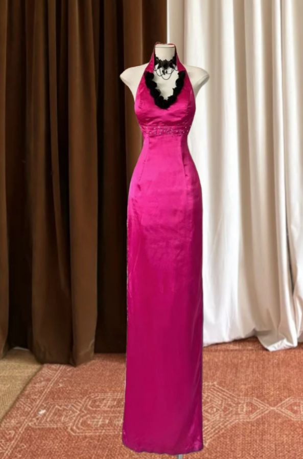 Vintage Halter Neck Prom Dress Hot Pink Satin Sheath Evening Dress GG8069
