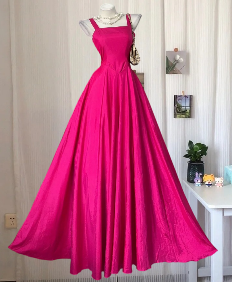 Playful Spaghetti Straps Prom Dress Hot Pink Satin A-Line Evening Dress GG8072