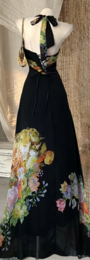 Vintage Halter Neck Floral Prom Dress Black Beaded A-Line Evening Dress GG8075