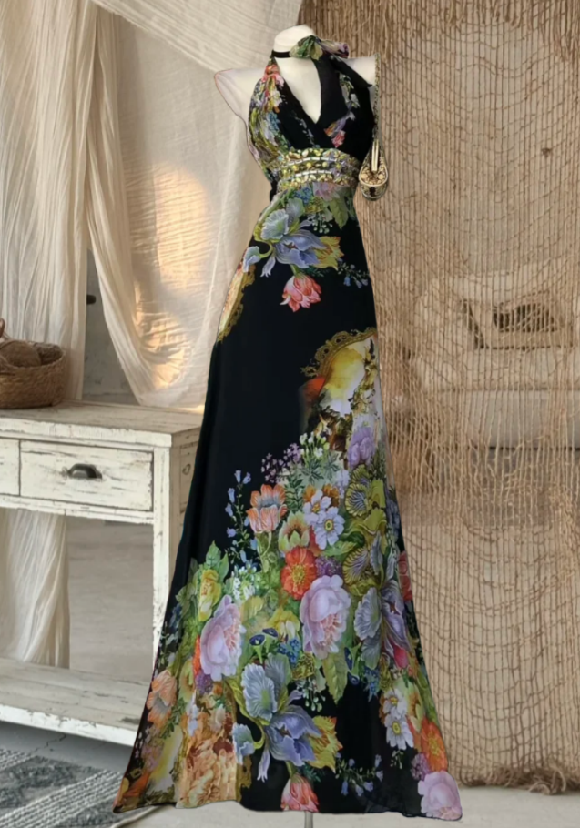 Vintage Halter Neck Floral Prom Dress Black Beaded A-Line Evening Dress GG8075