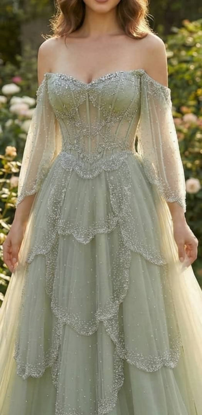 Charming Off The Shoulder Prom Dress Green Sequins A-Line Evening Dress GG8077