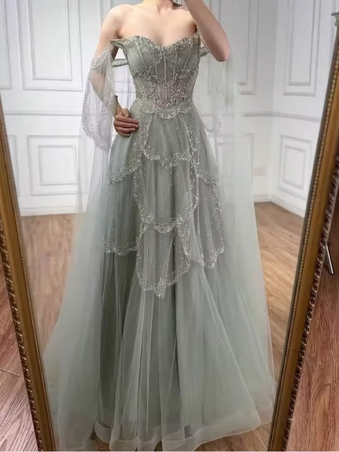 Charming Off The Shoulder Prom Dress Green Sequins A-Line Evening Dress GG8077