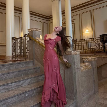 Trendy Square Neck Pink Prom Dress Sequins Ruffles Mermaid Evening Dress GG8081