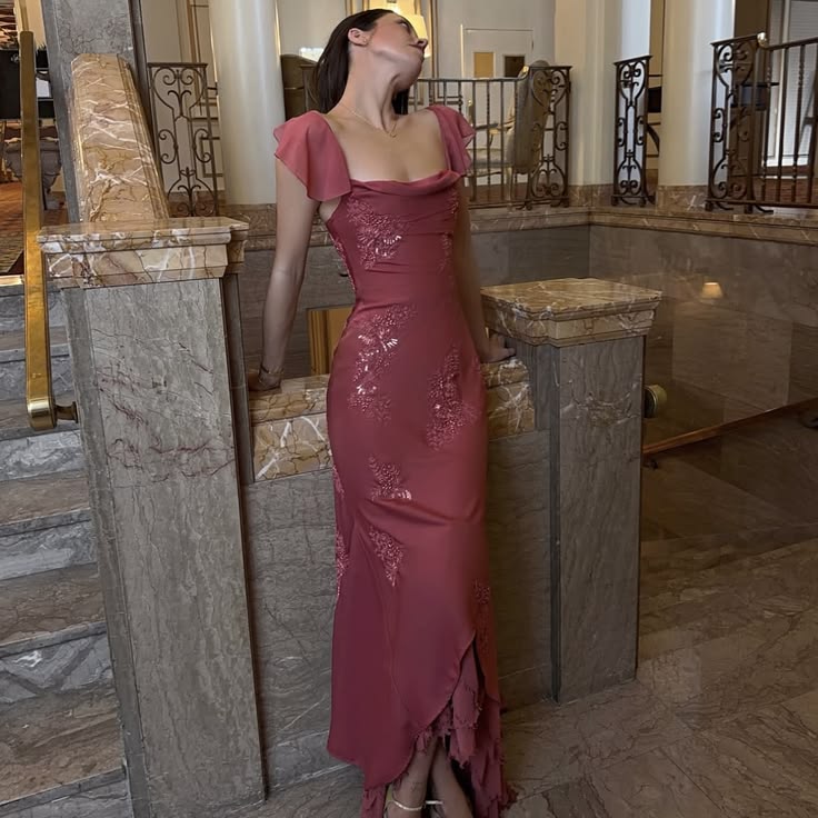 Trendy Square Neck Pink Prom Dress Sequins Ruffles Mermaid Evening Dress GG8081