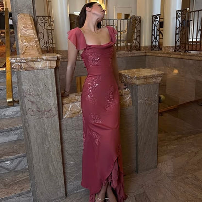 Trendy Square Neck Pink Prom Dress Sequins Ruffles Mermaid Evening Dress GG8081