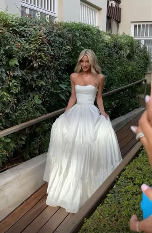 Elegant Strapless Wedding Dress White Satin A-Line Bridal Dress GG8082