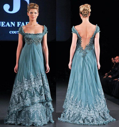 Vintage Square Neck Blue Prom Dress Lace Beaded A-Line Evening Dress GG8084