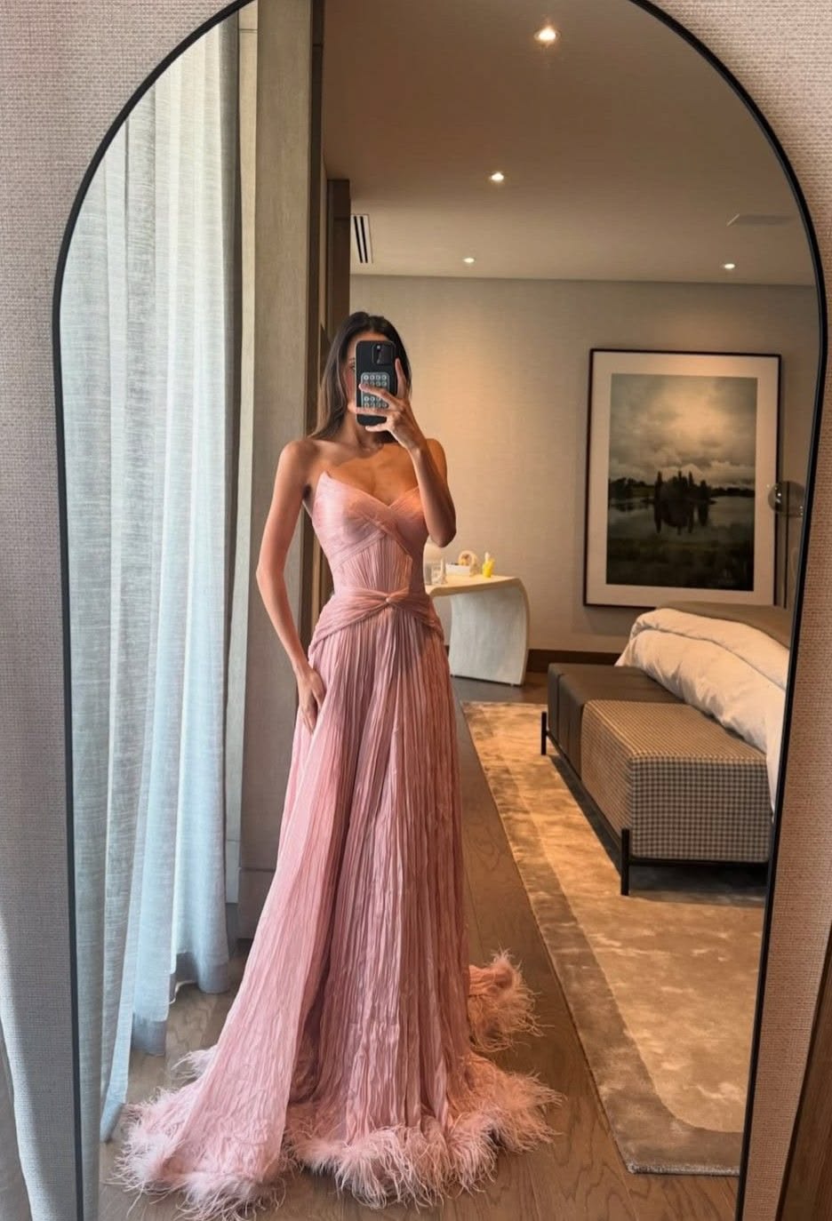 Glam Strapless Prom Dress Feather Pleated A-Line Evening Dress GG8085