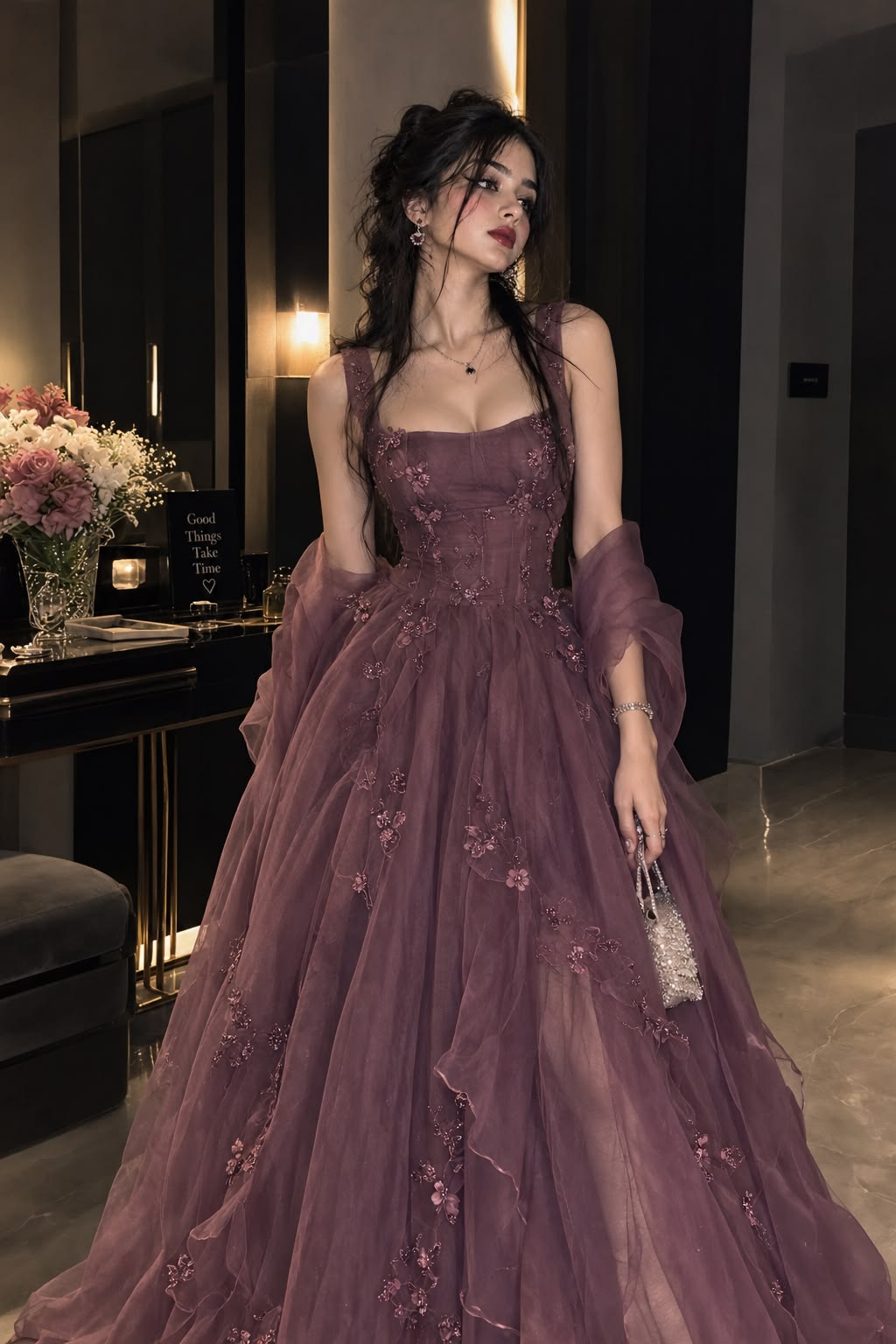 Ornate Spaghetti Straps Prom Dress Purple Beading A-Line Evening Dress GG8089