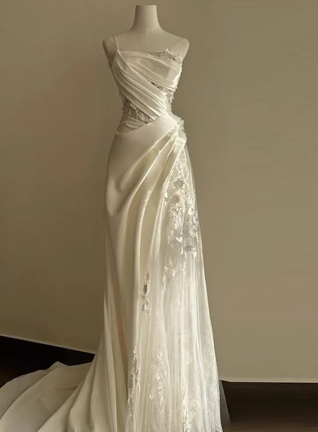Delicate A Line One Shoulder Satin With Tulle Applique Long Prom Dress,Evening Dress GG809