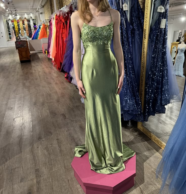 Unique Spaghetti Straps Prom Dress Green Sequins Satin Mermaid Evening Dress GG8091