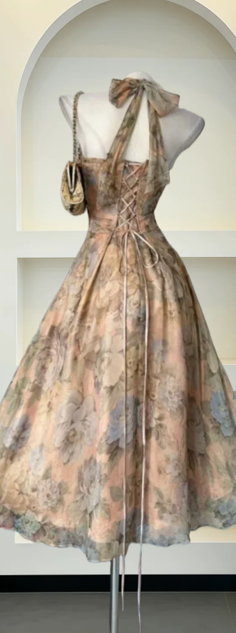 Vintage Halter Neck Prom Dress Floral A-Line Evening Dress GG8092