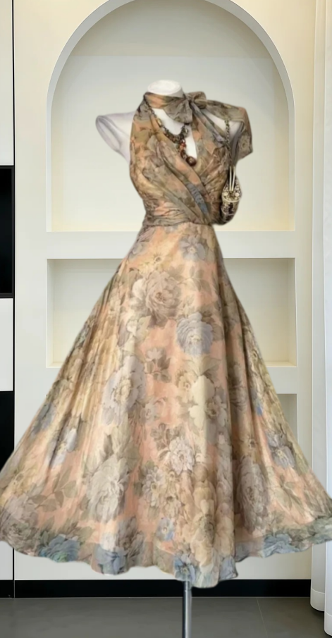 Vintage Halter Neck Prom Dress Floral A-Line Evening Dress GG8092