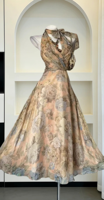 Vintage Halter Neck Prom Dress Floral A-Line Evening Dress GG8092