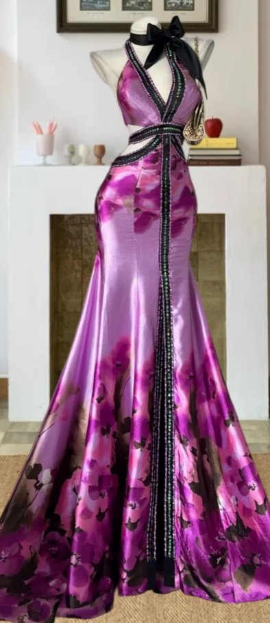 Retro Halter Neck Purple Prom Dress Sequins Floral Mermaid Evening Dress GG8093