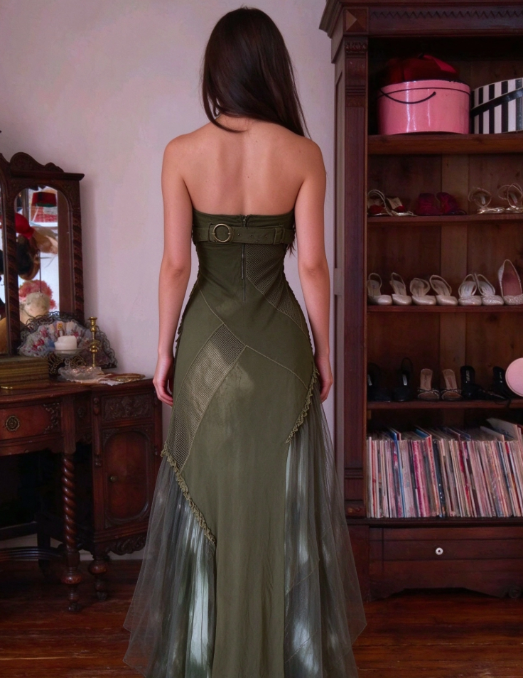 Trendy Strapless Green Prom Dress Tie-Dye Tulle A-Line Evening Dress GG8094