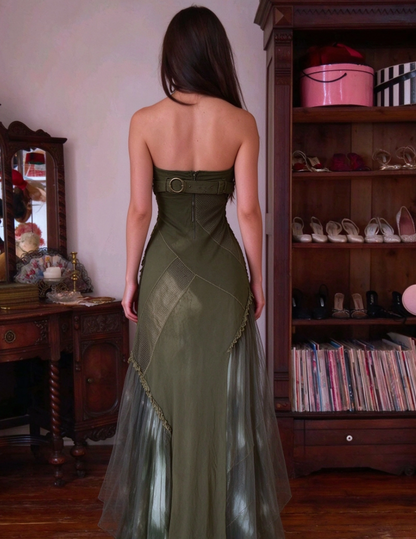 Trendy Strapless Green Prom Dress Tie-Dye Tulle A-Line Evening Dress GG8094