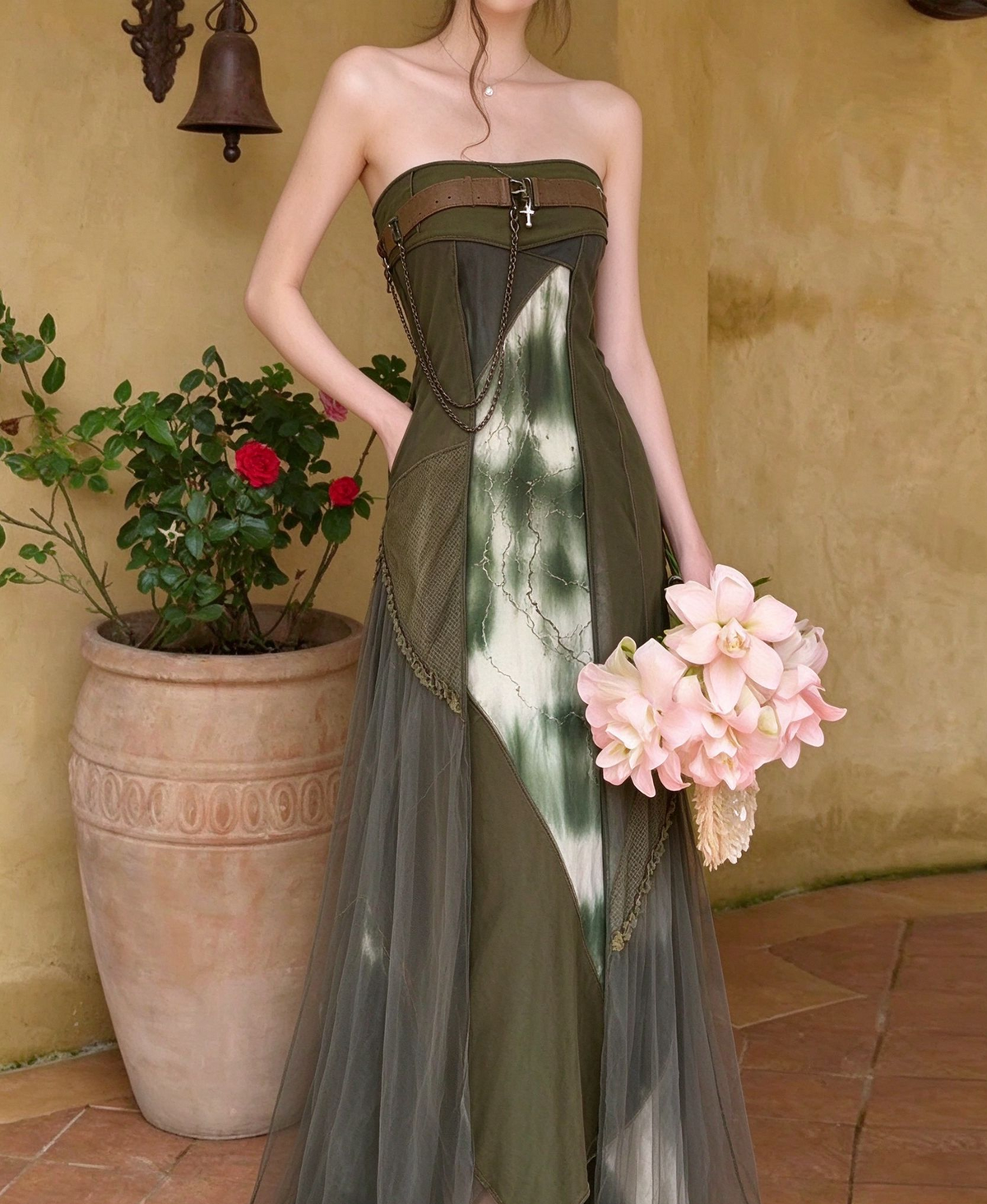 Trendy Strapless Green Prom Dress Tie-Dye Tulle A-Line Evening Dress GG8094
