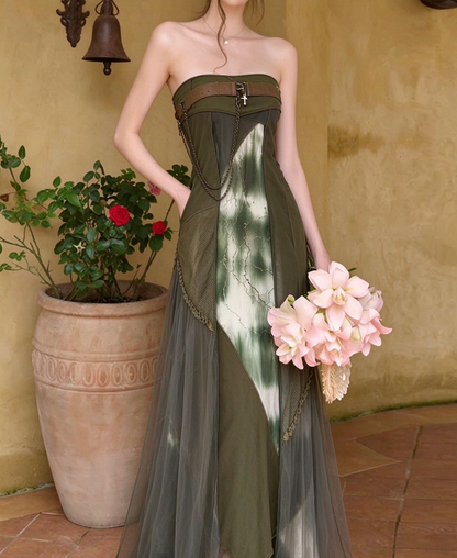 Trendy Strapless Green Prom Dress Tie-Dye Tulle A-Line Evening Dress GG8094