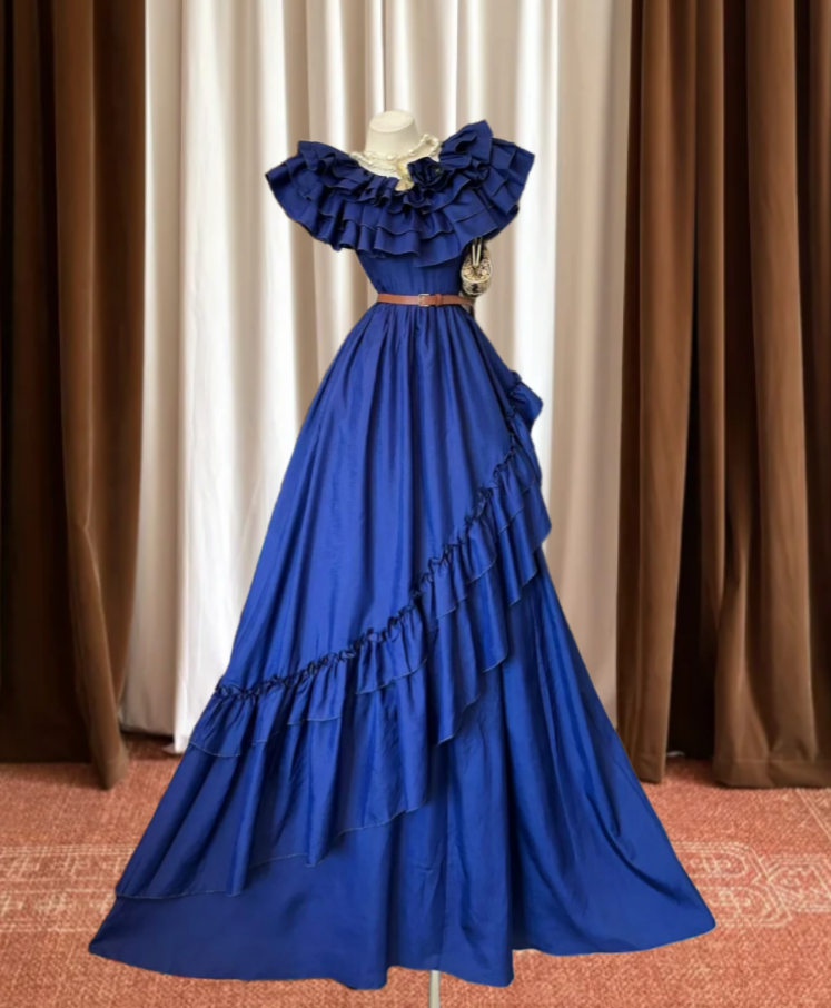 Attractive Off The Shoulder Prom Dress Blue Ruffled A-Line Evening Dress GG8095