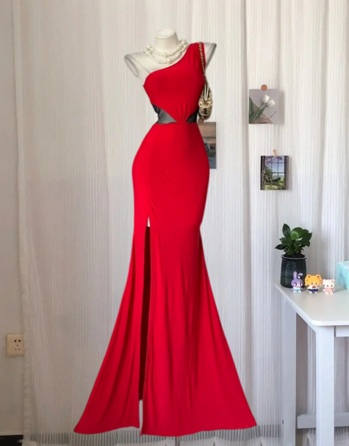 Classical One Shoulder Prom Dress Red Slit Mermaid Evening Dress GG8096