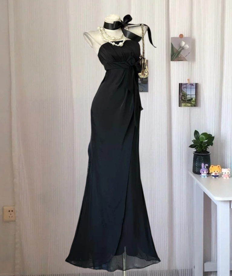 Sexy Strapless Black Prom Dress Chiffon Mermaid Evening Dress GG8097
