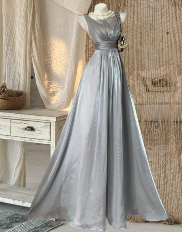 Simple U Neck Silver Prom Dress Satin A-Line Evening Dress GG8099