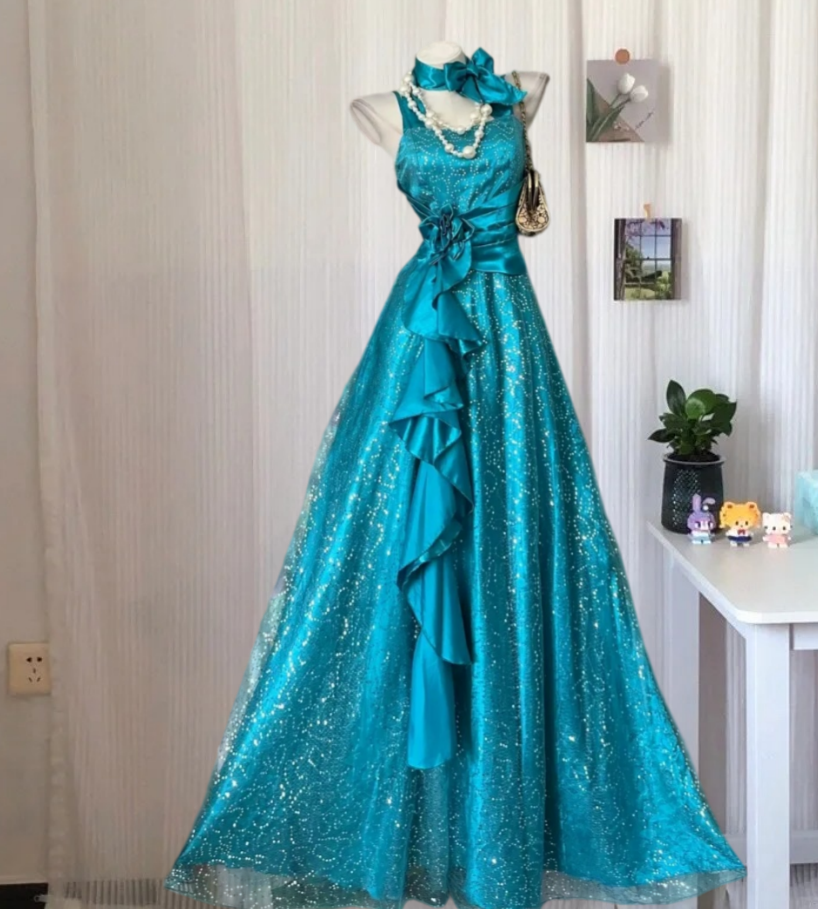 Alluring Spaghetti Straps Prom Dress Teal Sequins A-Line Evening Dress GG8100