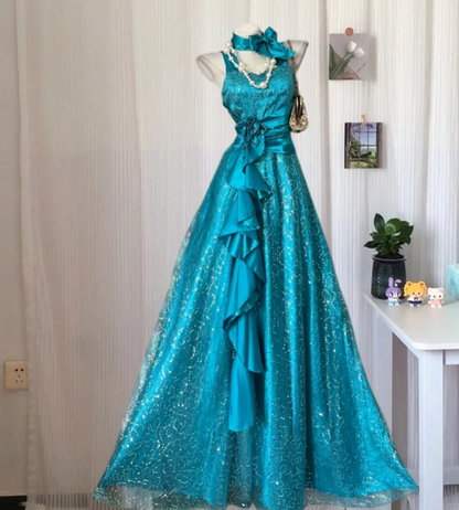 Alluring Spaghetti Straps Prom Dress Teal Sequins A-Line Evening Dress GG8100